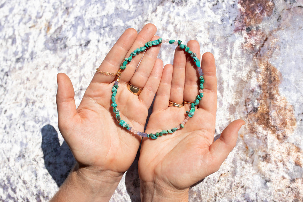 Turquoise, Tanzanite & Rose quartz Birdie Necklace No.6