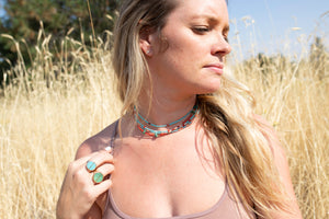 Red & Pink coral w/ Turquoise Birdie Necklace No.4
