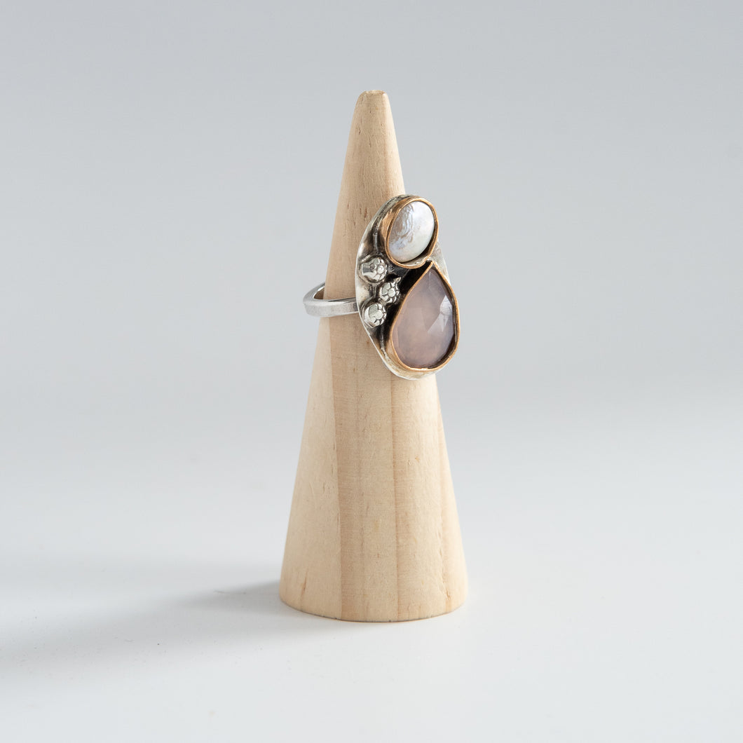 Soften, Rose Quartz & Large Pearl Shield Ring